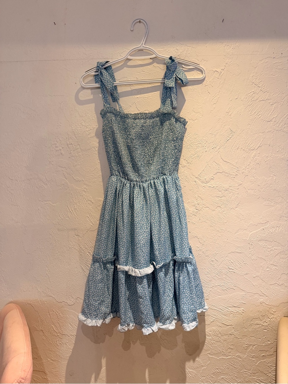 Source Unknown Light Blue Smocked Tie-Shoulder Floral Dress